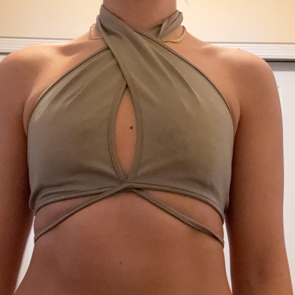 SHEIN Tan Halter Wrap Crop Top